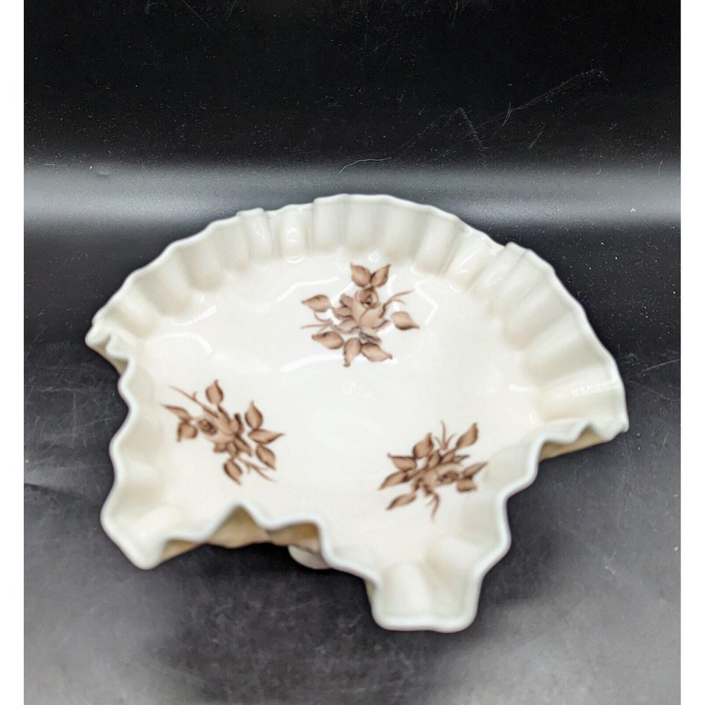 Vintage Fenton Beige & Brown flowers Hand-Painted Candy Dish Bowl Footed‎ 8"